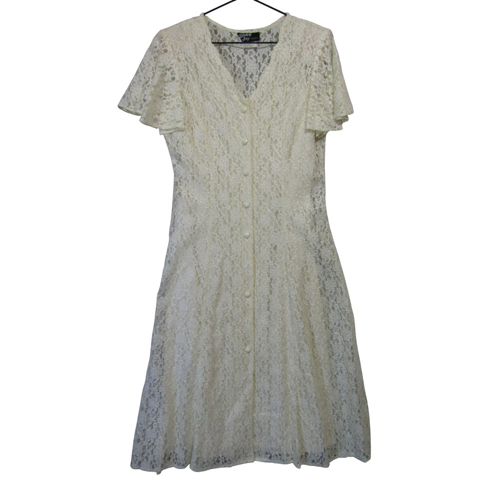 Dawn Joy Fashions Lace Dress Womens 12 Ivory Good Vintage Button Front V-Neck